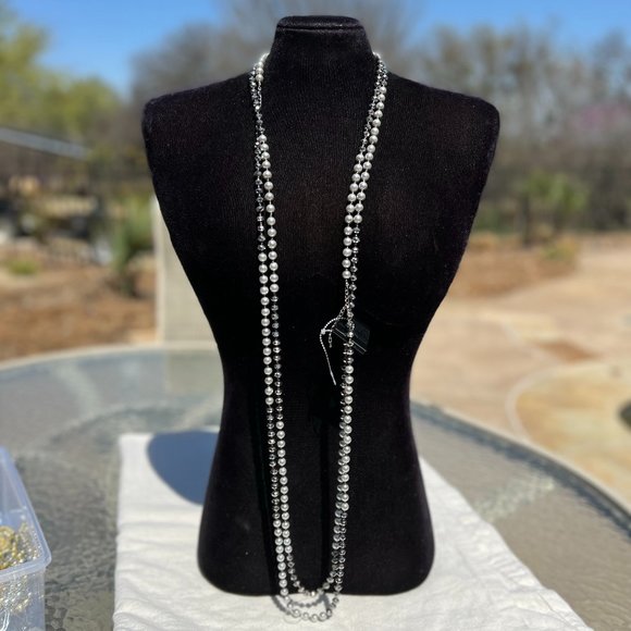 Long Pearl Necklace Double Necklace Sparkle Silver Tone Multi Strand Dressy NWT - Picture 1 of 4